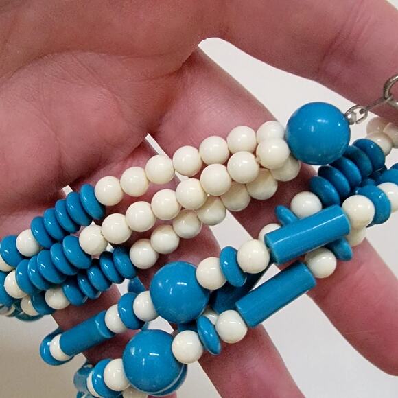 Vintage Blue And White Multi Strand Beaded Necklace With Round And Tube Beads - Picture 6 of 10